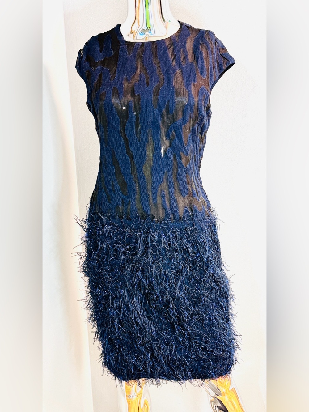 Worth Navy Feather-Trim Midi Dress 8